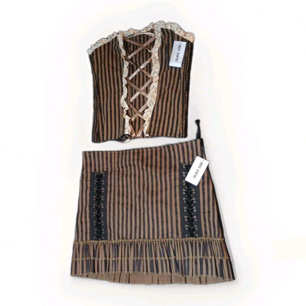 Y2K Spin Doctor SM Brown Black Striped Lace Up Ruffled Skirt And Top Hot Topic